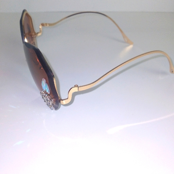 Rhinestone Rimless Brown & Gold Polygon Gradient Color Sunglasses New - Picture 7 of 8
